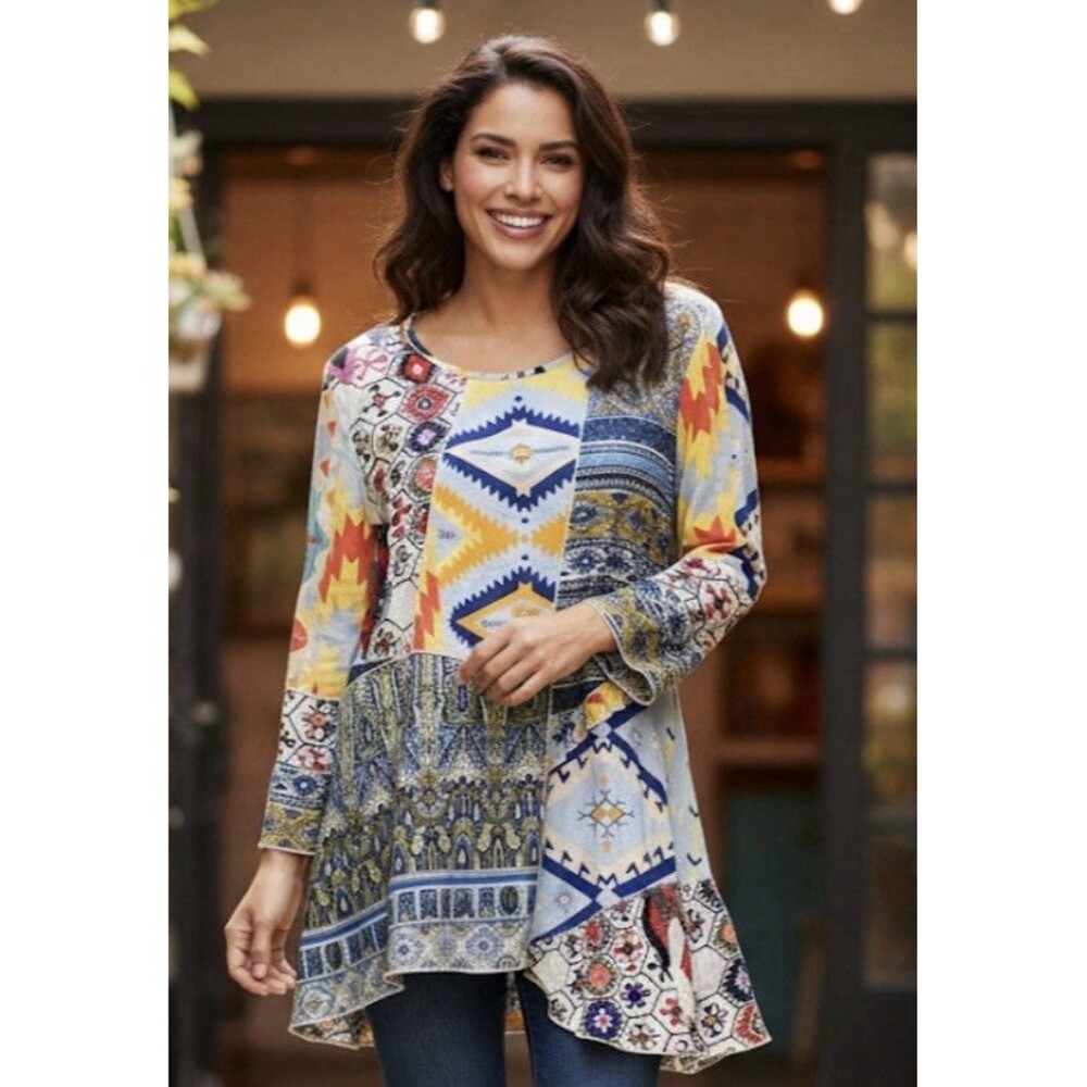 Calessa Tunic Top Shirt Size 2X Stretch Patchwork 3/4 Sleeves Boho Artsy Indie